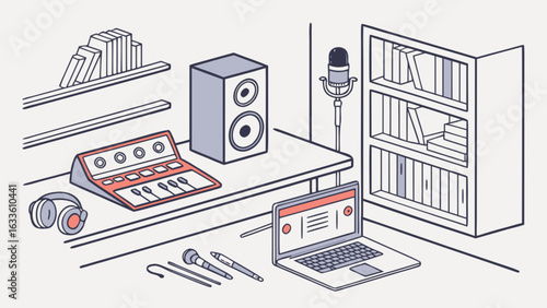Podcast studio setup with microphone, laptop, mixer, headphones and speaker illustration design vector