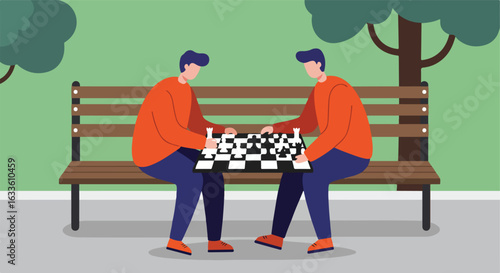 Two men playing chess in park