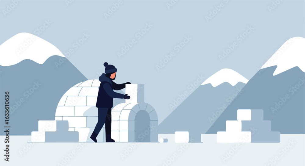 Obraz premium Person builds igloo against snowy mountains, flat colors