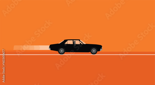 Classic car speeds along road, leaving motion trail against orange background