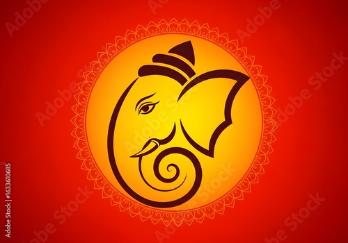 Illustration of ganesha in yellow circle with red background and decorative floral border design art