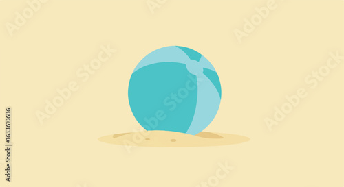 Cartoon blue beachball half buried in the tan sand
