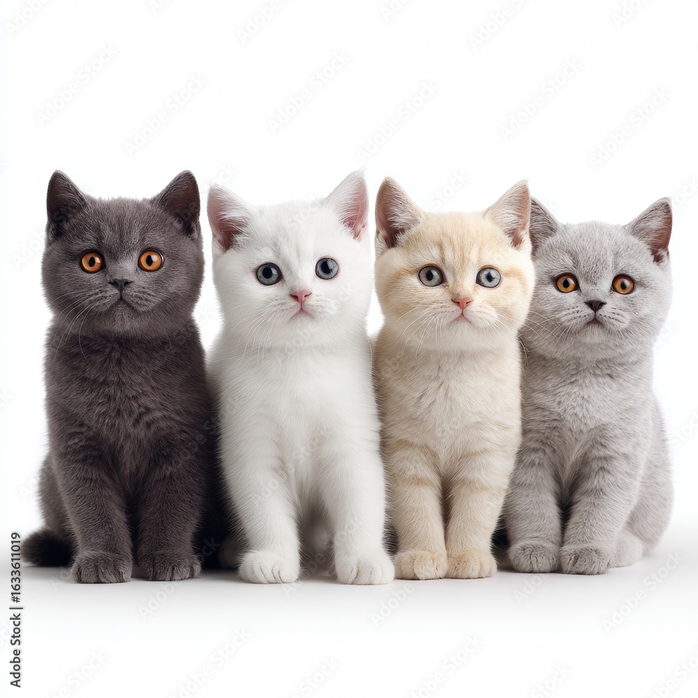 Obraz premium Four adorable kittens of varying colors are lined up in a row, gazing directly at the camera, their soft fur and innocent eyes create an irresistible scene