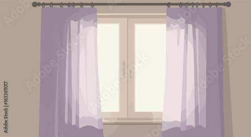 Window with light filtering curtains on a simple rod with wall background