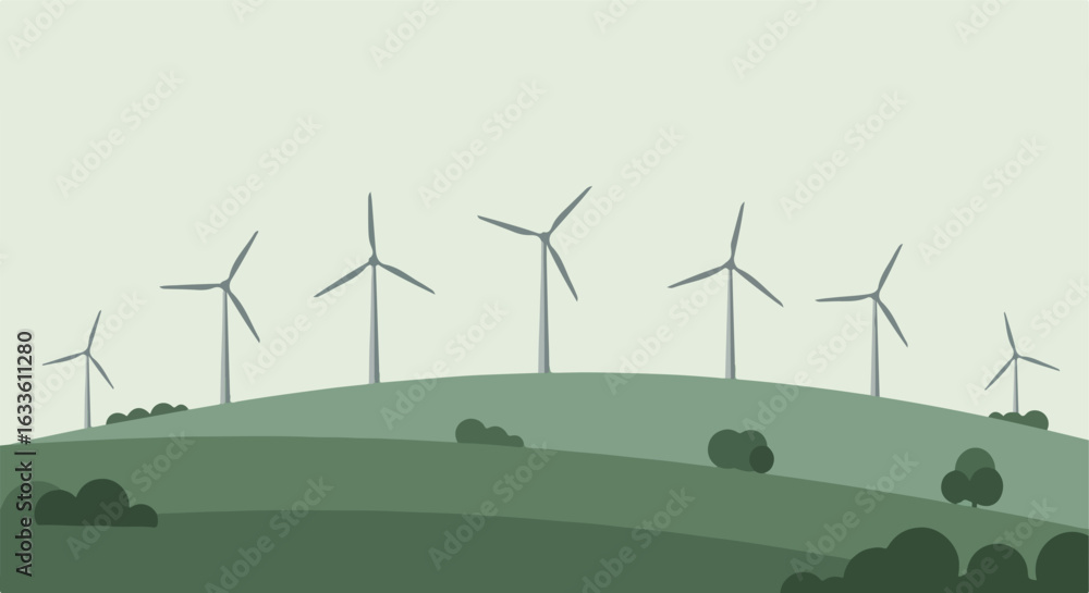 Fototapeta premium Windmills atop rolling green hills under a muted sky, simple, stylized artwork