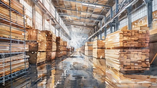 Wallpaper Mural watercolor spacious warehouse interior  Torontodigital.ca