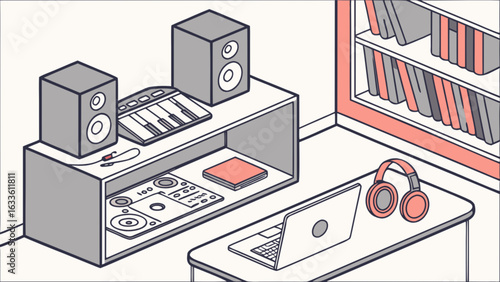 Home music studio setup with speakers synthesizer laptop and headphones for music production and recording artist