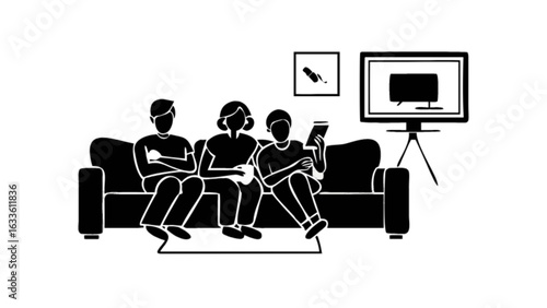 Family watching tv together on sofa in living room vector illustration graphic design for relaxation time