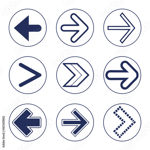 Set of nine circular arrow icons with navy blue outlines and fill direction navigation