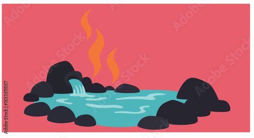 Hot spring scene with blue water, dark rocks, steam, and pink background