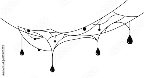 Stylized spiderweb with water droplets design in black lines on a white background