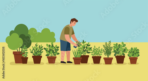 Man tends plants in pots, outdoors against a pastel sky and leafy background