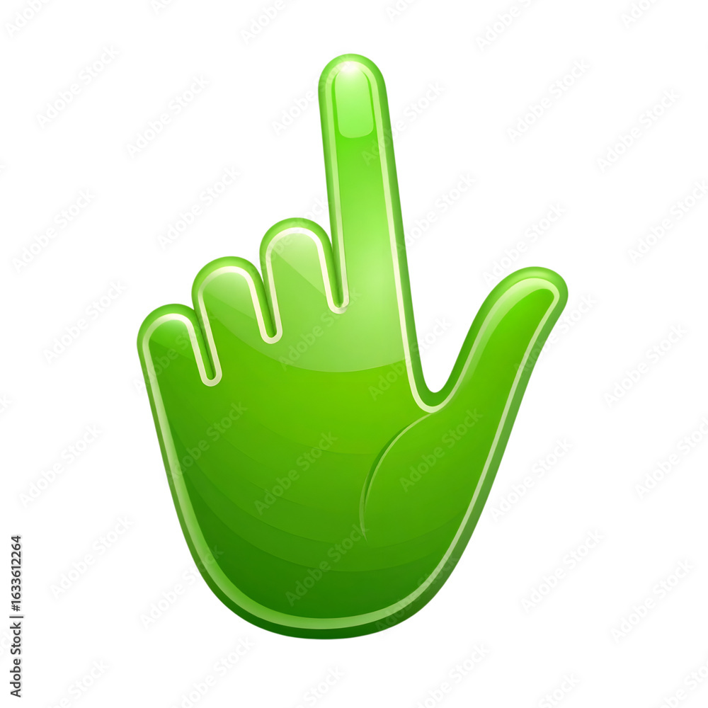 Fototapeta premium Green Hand Cursor: A vibrant, glossy, green hand cursor pointing upward, symbolizes navigation and selection within the digital realm, with clean and minimal style.