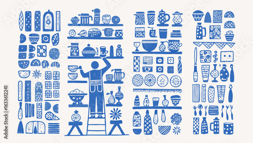 Stylized illustration of a person arranging decorative pottery and kitchenware on shelves in blue