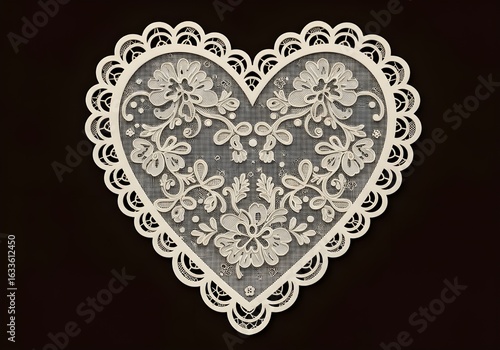 A delicate white lace heart with floral designs on a dark background creating a romantic aesthetic