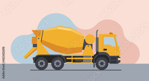 Yellow cement truck against soft pastel backdrop