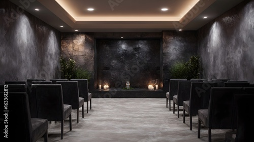 Solemn crematorium ceremony room prepared for a service
