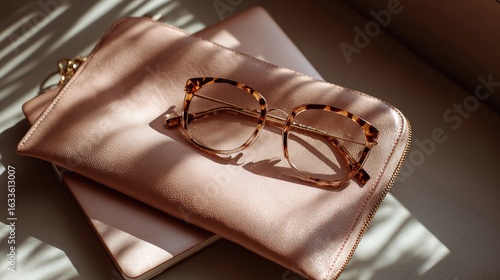 Pink leather case, eyeglasses, sunlight