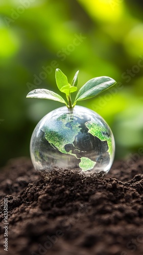 Transparent globe plant in soil, environmental theme