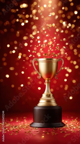 Gold trophy surrounded by sparkling confetti on a red background during a celebratory event