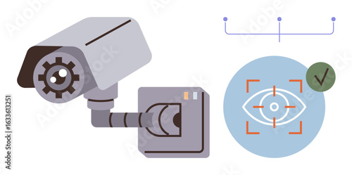 Security camera with flexible mount and eye recognition icon with focus grid and approval checkmark. Ideal for technology, privacy, security, monitoring, facial recognition, access, safety themes