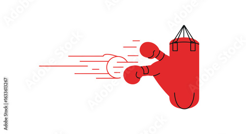 Red punching bag hit by a red fist with motion lines on a white background