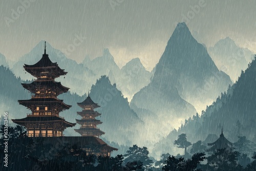 Wallpaper Mural Mountain landscape featuring traditional Asian pagodas amid rain with distant peaks shrouded in mist and clouds creating a serene and mystical atmosphere Torontodigital.ca