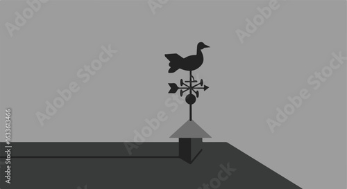 Silhouetted weather vane on building, shades of gray