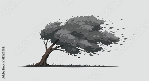 Leaning tree with blowing leaves under a windy sky in grayscale flat illustration
