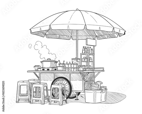 Hand-drawn illustration of a street food vendor cart selling delicious Asian cuisine.