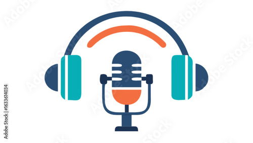 Podcast studio microphone with headphones vector illustration for audio recording and broadcasting