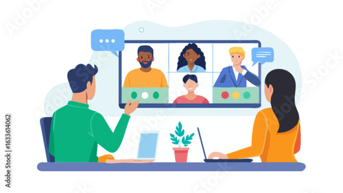 Remote video conference meeting online webinar business call team collaboration virtual communication illustration