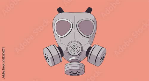Grey gas mask with filter canisters on a salmon-colored background