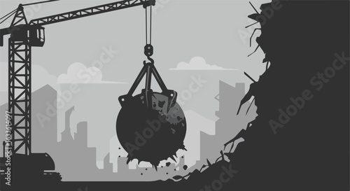 Wrecking ball demolition silhouetted against a city skyline