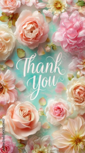 Beautiful floral arrangement features roses and peonies with a thank you message on a soft background in pastel colors