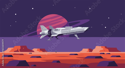 Spaceship on alien planet with lone astronaut, planet background, purple landscape