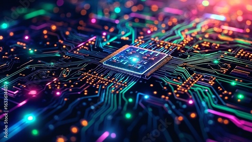 A close up of an electronic circuit with colorful lights background creative style design movement gesture figure expression frame backgrounds emotion motion layers composition cartoonish