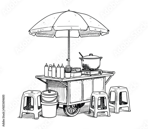 Detailed sketch of a street food vendor's cart with pots, bottles, and stools around it