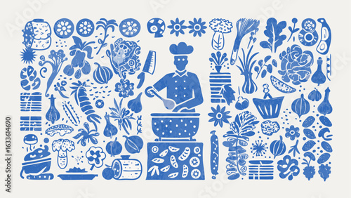 A chef cooking surrounded by vegetables and flowers in a blue linocut style illustration art