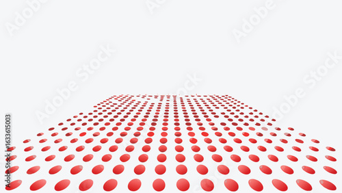 Red elliptical shapes arranged in a grid like pattern receding into the distance on a white background