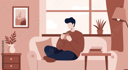 Man relaxing on couch, holding coffee, in a cozy living room by a window