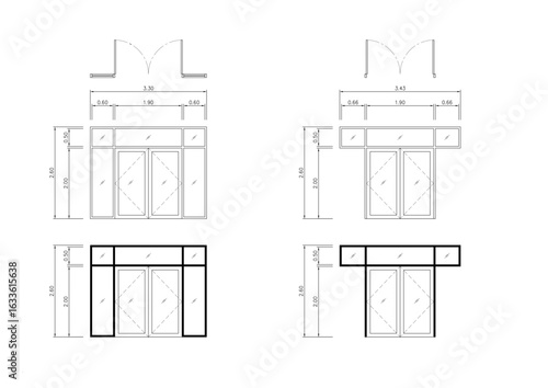 Architectural door and window elevation drawings with detailed dimensions, sections, and frame styles. Includes line weight variations for design presentation.