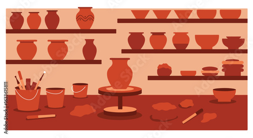 Pottery workshop with clay, shelves of pots, paintbrushes, and tools