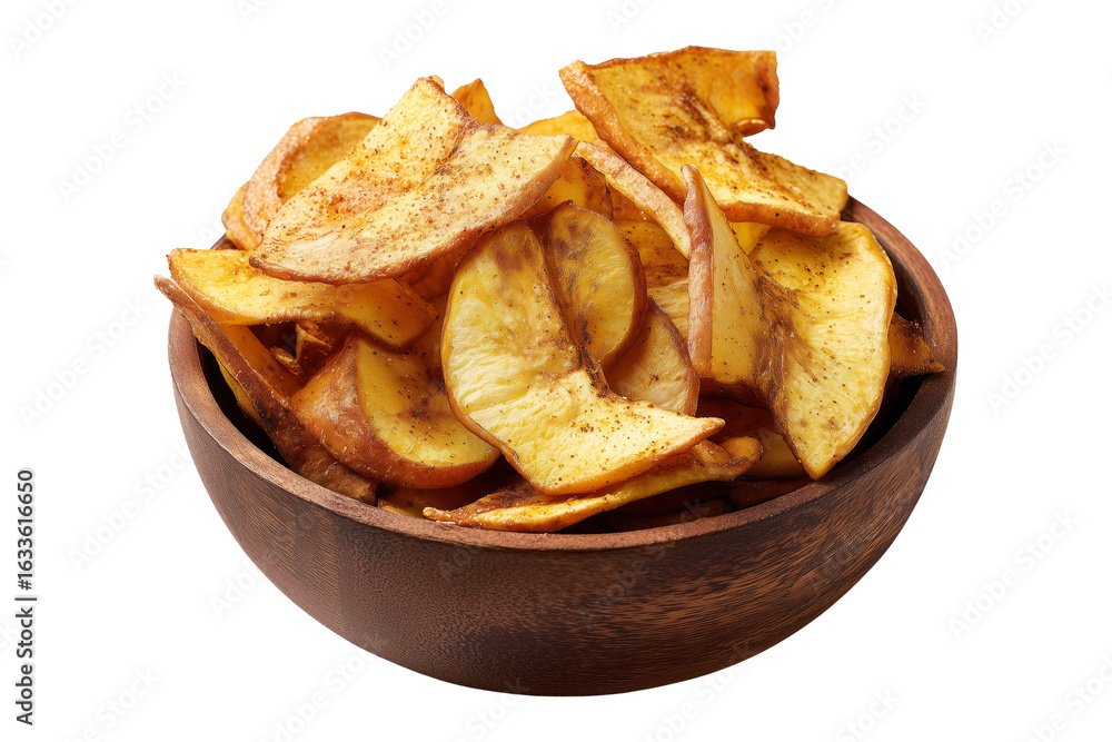 Fiji takeaway and street foods fried breadfruit chips rustic alternative to potato chips in wooden bowl isolated on white transparent background. Fiji takeaway and street foods fried breadfruit chips rustic alternative to potato chips in wooden bowl isolated on white transparent background.