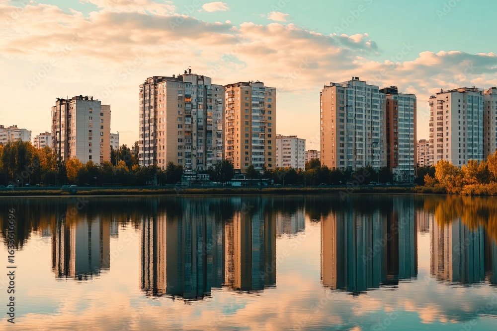 Naklejka premium City buildings mirrored in calm lake at sunset