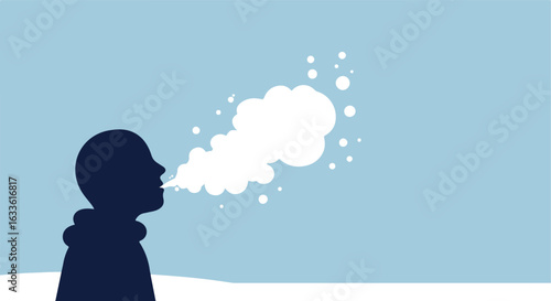 Silhouette of person exhaling in winter air