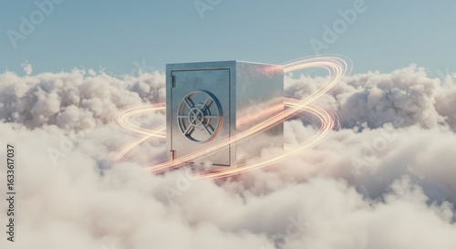Secure financial investments illustrated by a vault floating among dreamy clouds