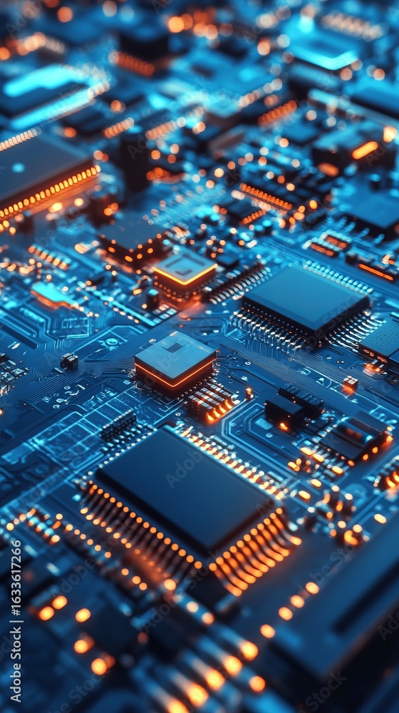 Fototapeta premium Close-up circuit board with glowing components (1)