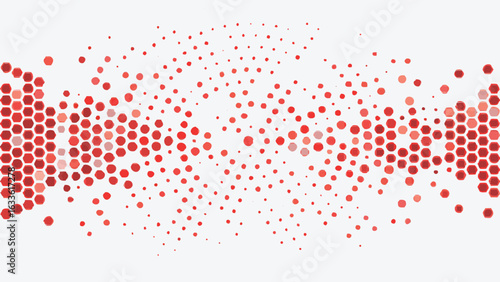 Abstract pattern of red hexagons and circles on white background in a wave like formation design