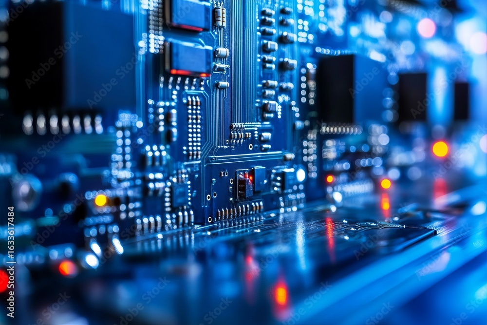 Fototapeta premium Close-up of a complex circuit board, detailed components, illuminated with blue and red lights